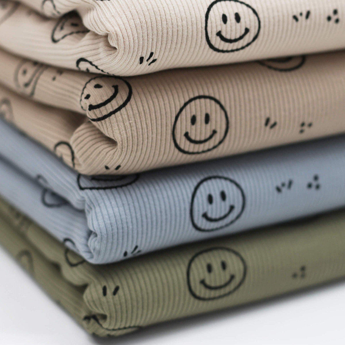 Smiley Rippstrick Jersey Stoff Gesicht Muster | Baumwoll Jersey mit Lycra | Rib Jersey Stretch Stoff | Rippstoff Meterware | Stoff zum Nähen
