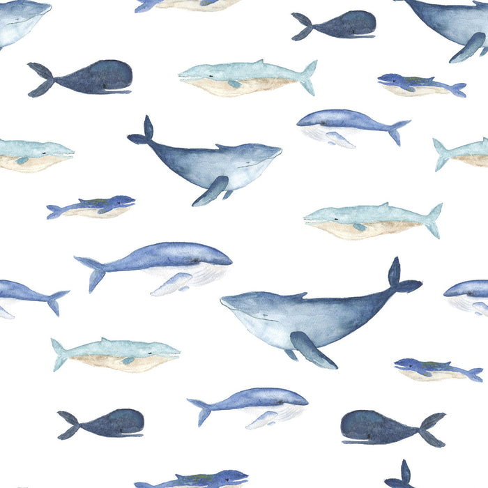 0,5 Meter Jerseystoff Wale Digitaldruck Meterware Kinder Wal Blätter Aquarell Optik Jersey Stoff Watercolour Fische blau weiß
