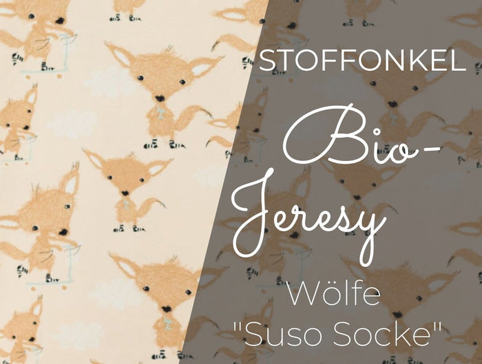 17 Euro/m Bio Jersey STOFFONKEL mit Muster Meterware Fuchs Wolf Suso Socke peach