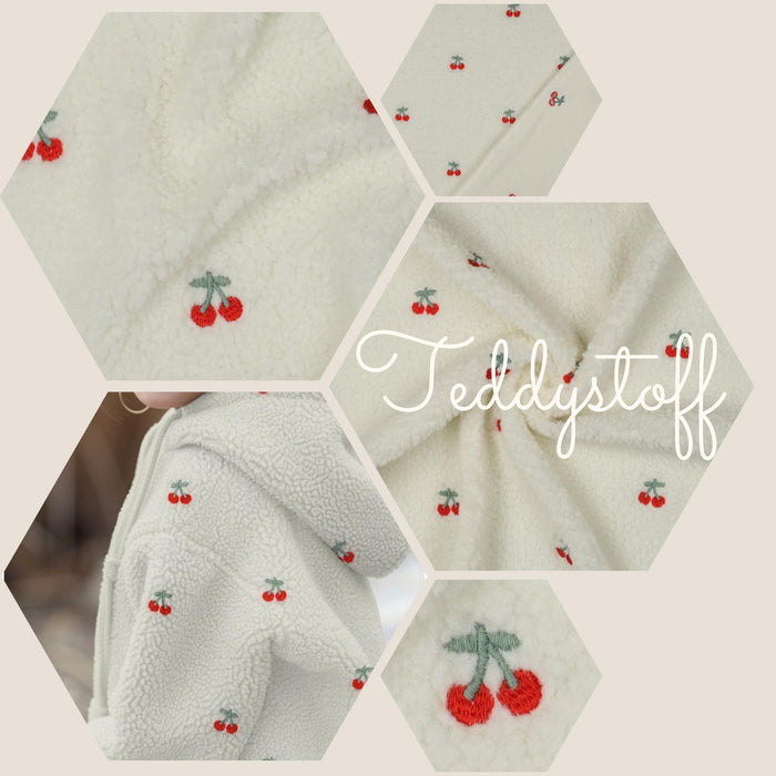 Teddystoff Kirschen - Kirsche bestickt Früchte weiß ecru