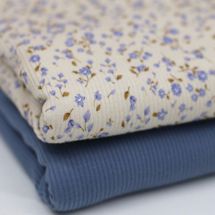Mini Blumen Rippstrick Jersey Stoff blau ecru | Baumwoll Jersey mit Lycra | Rib Jersey Stretch Stoff | Rippstoff Meterware | Stoff zum Nähen