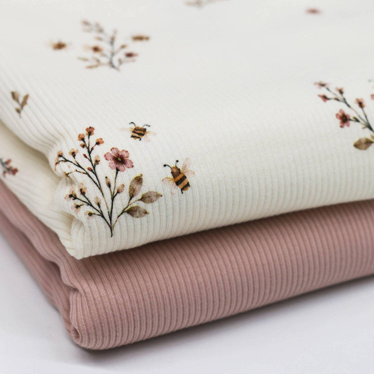 Bienen Blumen Wiese Rippstrick Jersey Stoff | Baumwoll Jersey mit Lycra | Rib Jersey Stretch Stoff | Rippstoff Meterware Honigbienen Blüten